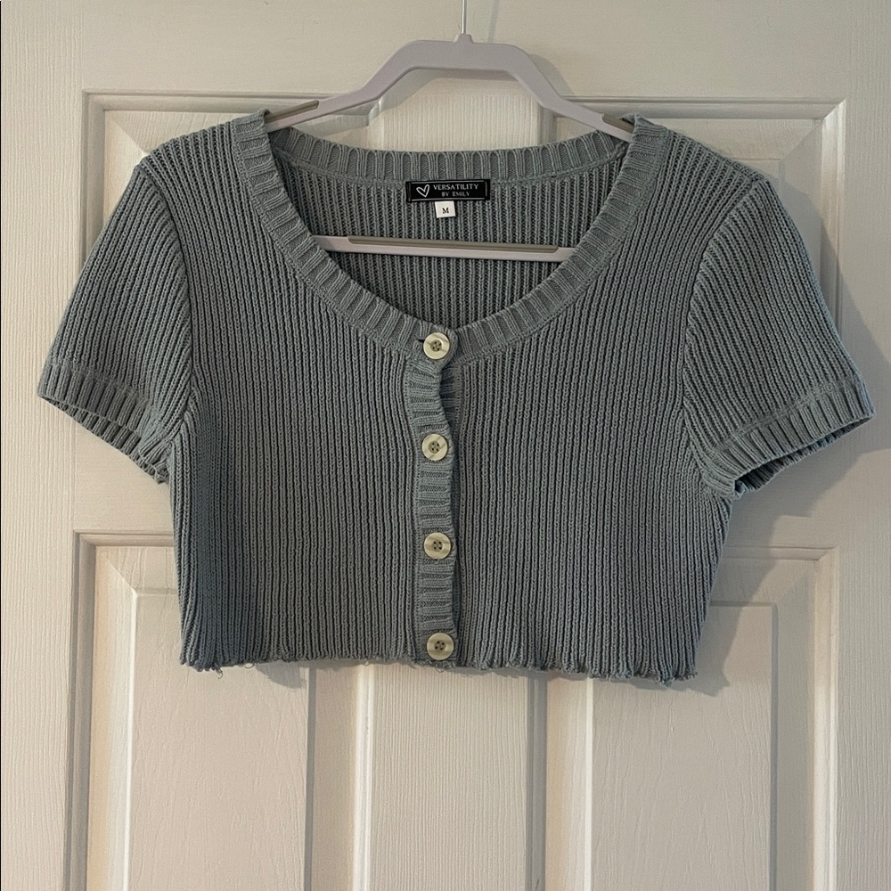 Light Blue Ribbed Button Crop Top Sweater